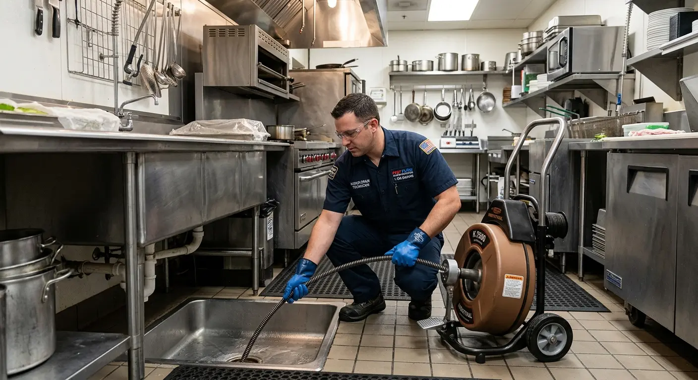 Commercial drain cleaning service in a restaurant kitchen in Webster Groves