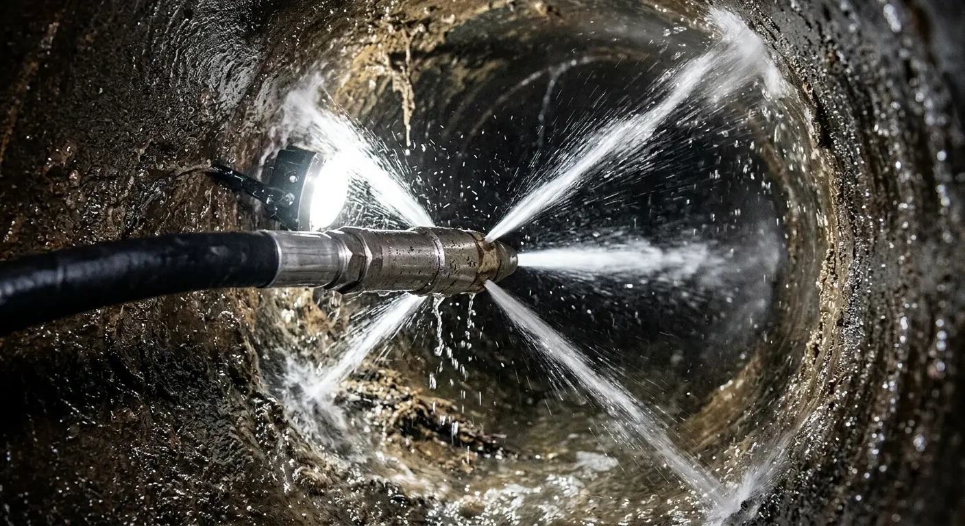 High-pressure hydro jetting nozzle cleaning sewer pipe for Storm Drain Cleaning in Webster Groves